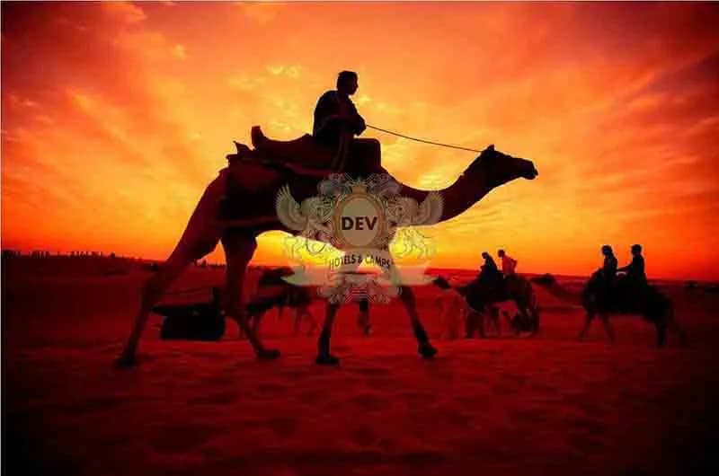 Camel rider silhouetted against an orange desert sunset