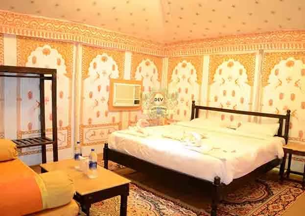 Luxury Swiss tent bedroom with block-printed walls
